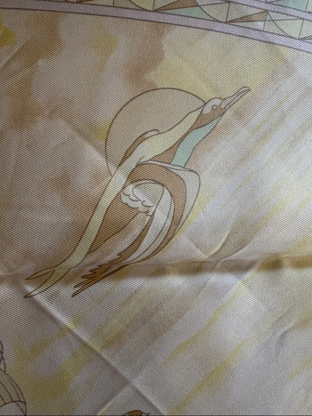 Vintage Hermès Frégates Magnifiques Silk Scarf, pastel pink, yellow and brown.